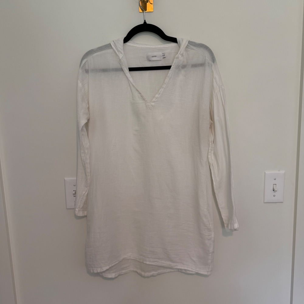Onia White Gauze Hooded Tunic Beach Cover Up Womens XS/S Long Sleeve V-Neck
